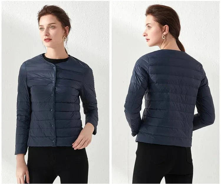 Ultralight warm women's puffer jacket by Alfadarling, navy, collarless, O-neck, ideal for spring and winter.