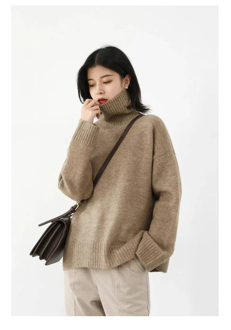 Women's loose turtleneck pullover knitwear, solid color, cozy autumn-winter sweater.