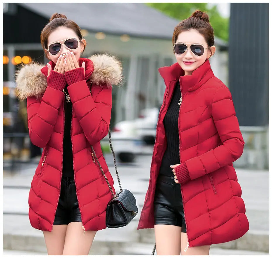 Wine Red Fur Collar Winter Jacket for Women