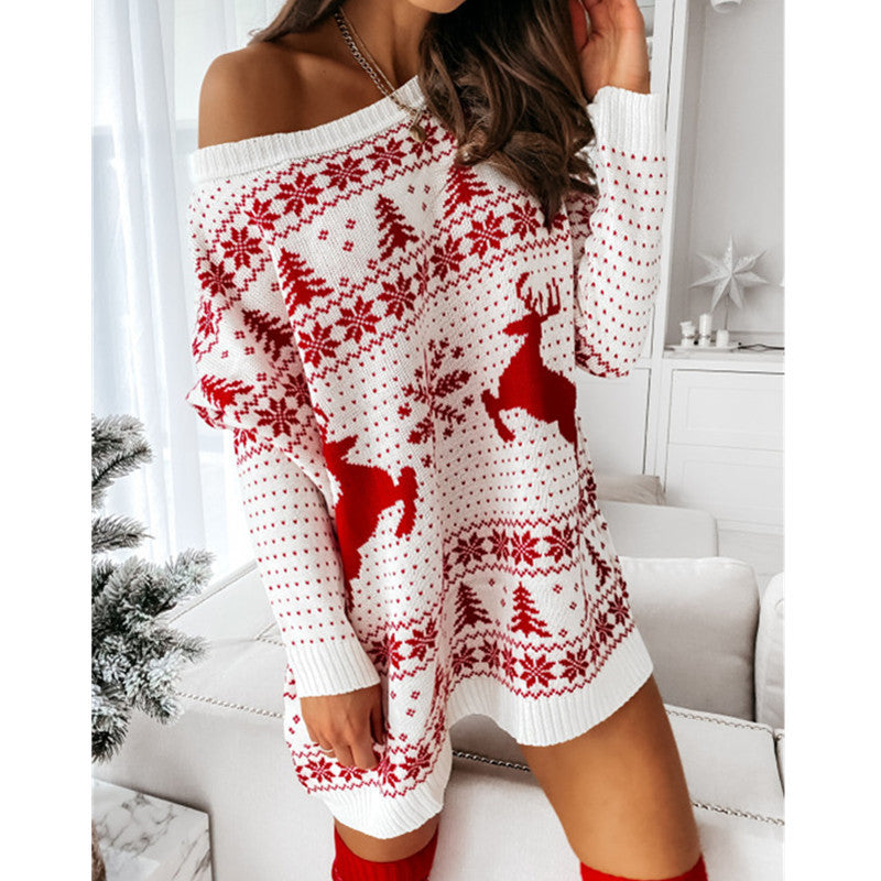 Women Christmas Sweater Dress Autumn Winter Long Sleeve Off Shoulder