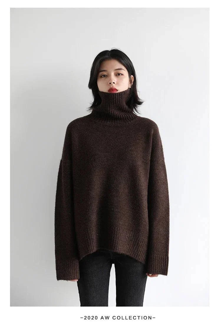 Women's brown loose turtleneck pullover sweater, solid knitwear for autumn and winter.