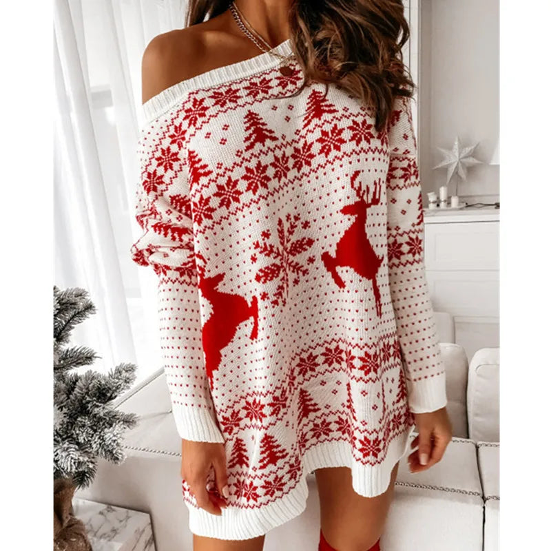 Women Christmas Sweater Dress Autumn Winter Long Sleeve Off Shoulder