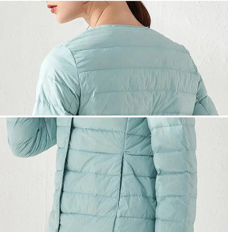 Ultralight warm women’s puffer jacket, collarless, O-neck design, blue color, Alfadarling.