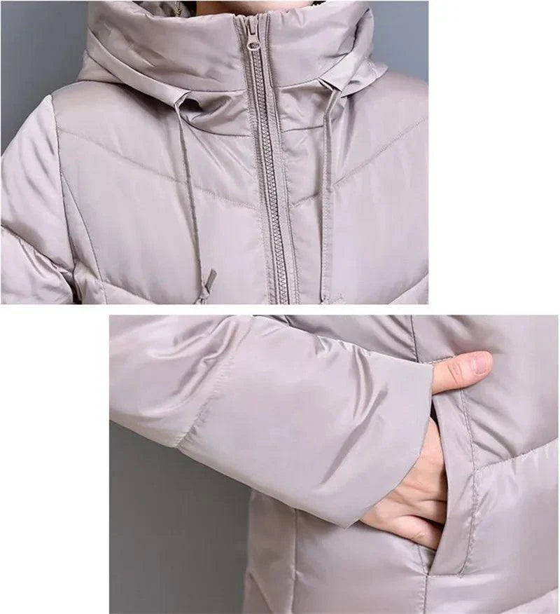 Winter hooded slim-fit padded jacket for women, over-the-knee length, durable zipper, cozy hood, available at Alfadarling.