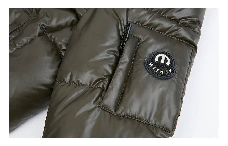 Close-up of the HaiLuoZi Women's Winter Jacket in dark green, featuring quilted fabric and a zipper pocket.