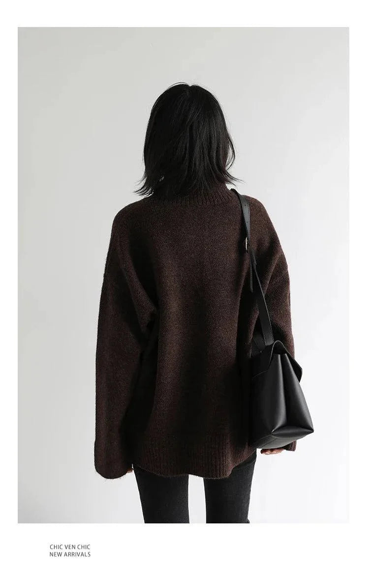 Women's loose turtleneck sweater, knit pullover in dark brown, chic autumn-winter top.