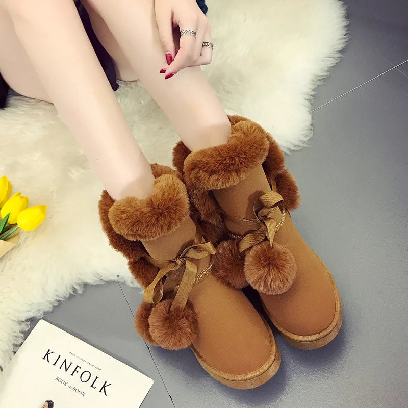 Women's Warm Fur Snow Boots with Fur Ball | Alfadarling