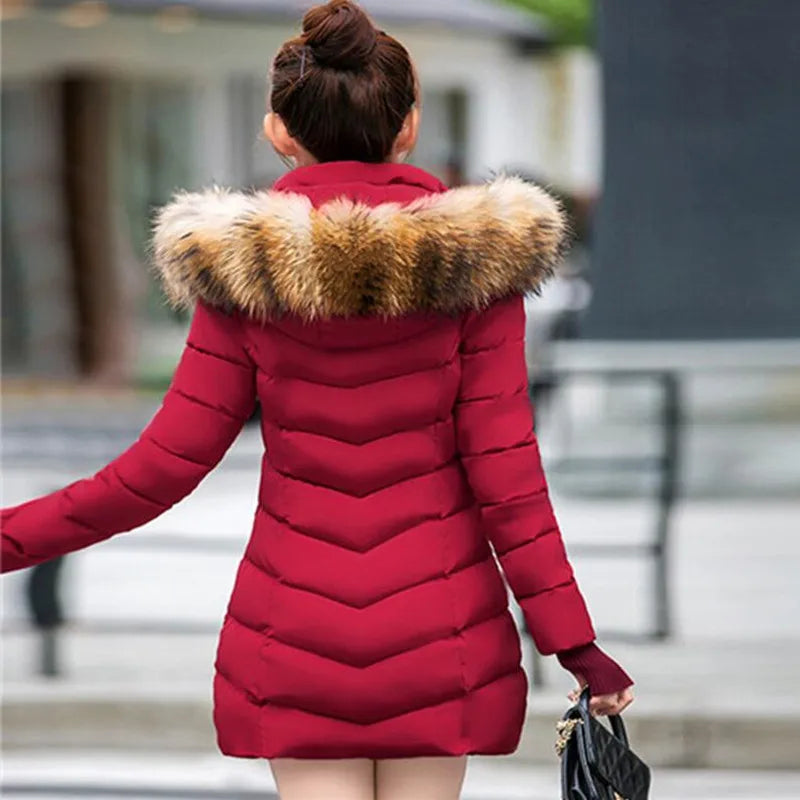 Wine Red Fur Collar Winter Jacket for Women