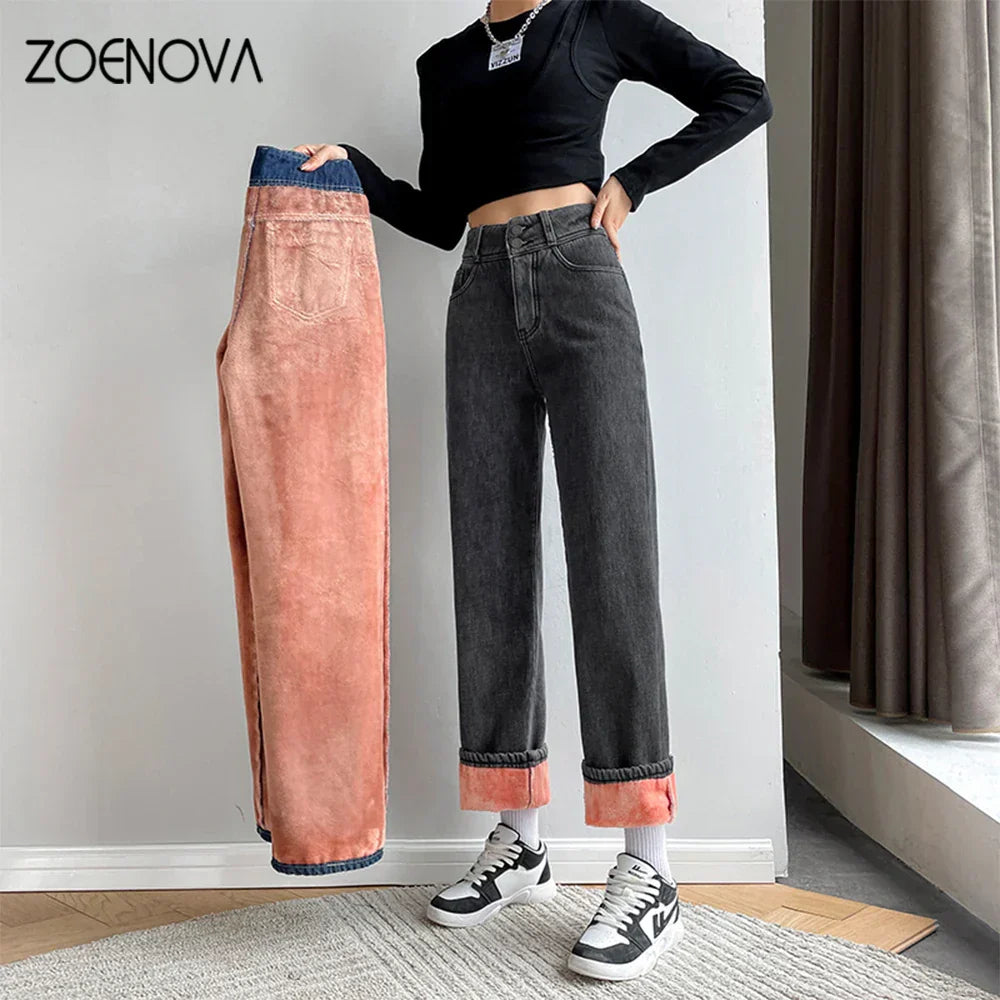 Vintage high waist fleece wide-leg jeans, Alfadarling, cozy winter wear, loose-fit denim pants.