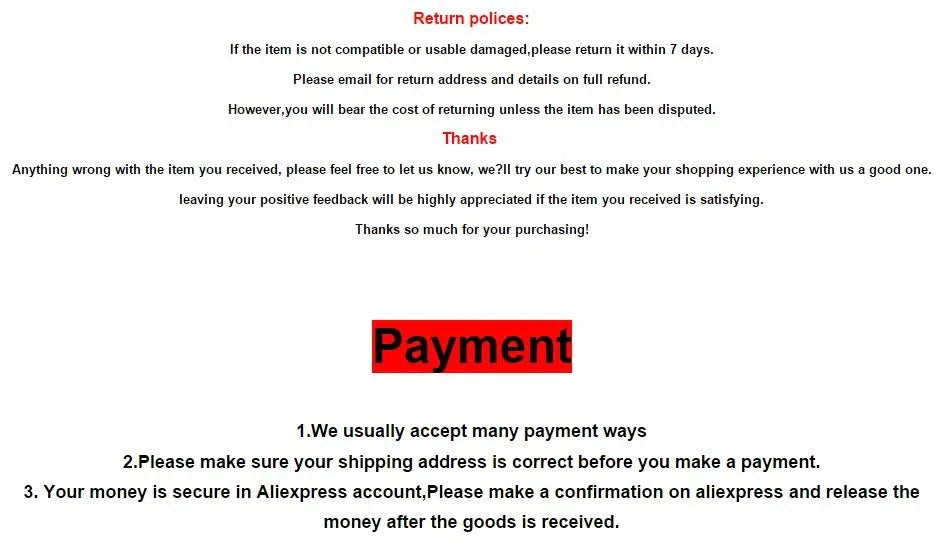 Return and payment policy details for shopping on Aliexpress, featuring refund and secure payment instructions.