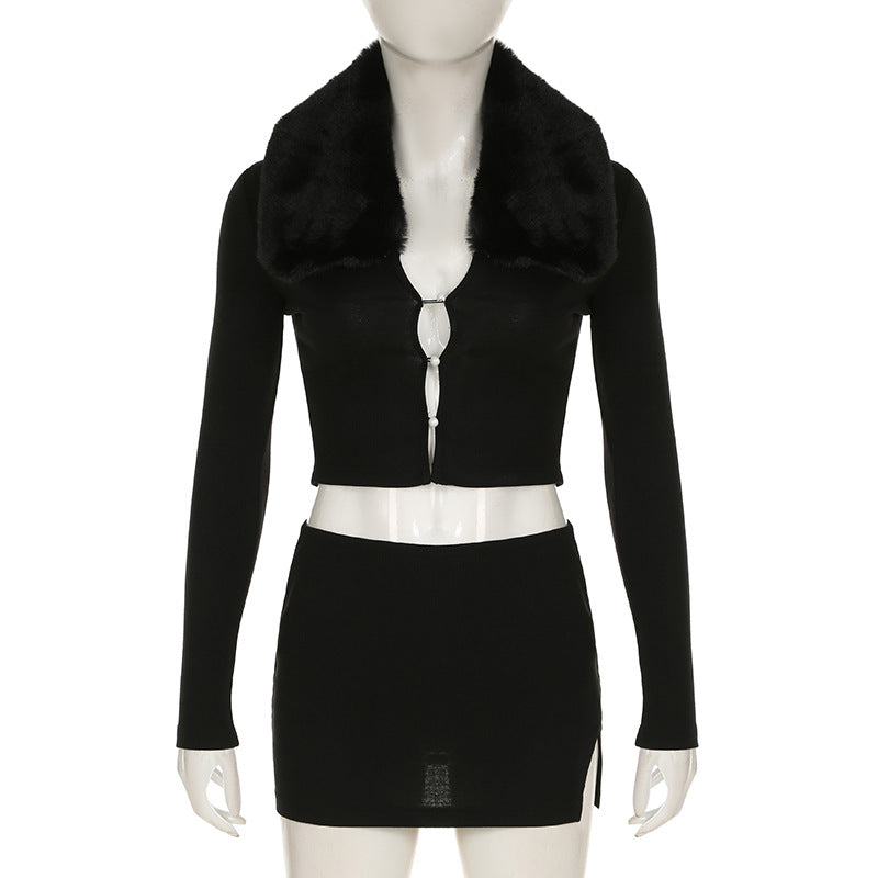 Sexy Fur Collar Crop Top & Mini Skirt Set - Autumn Elegance