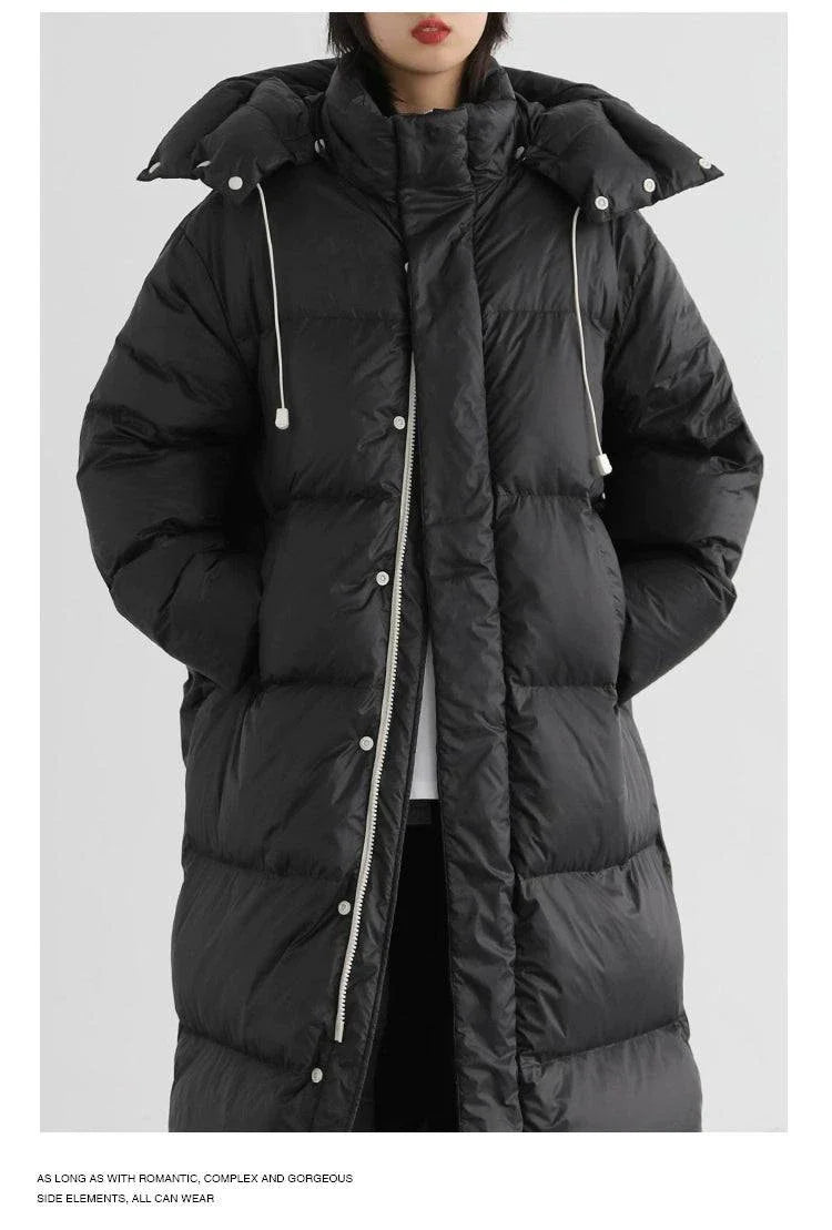 Women's down coat, Korean loose hooded long winter jacket, thick warm nylon, solid black, detachable hood.