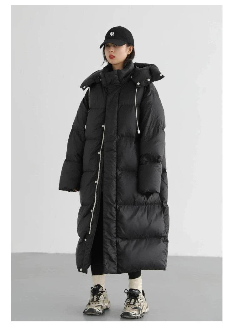 Women's down coat, Korean loose hooded long winter jacket, thick and warm.