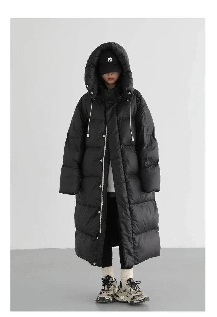 Women's Korean loose hooded long down coat, thick and warm for winter.