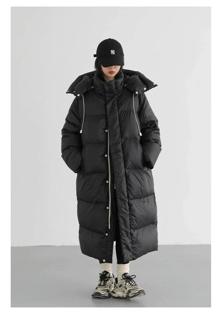 Women's Korean loose hooded long winter down coat, thick and warm.