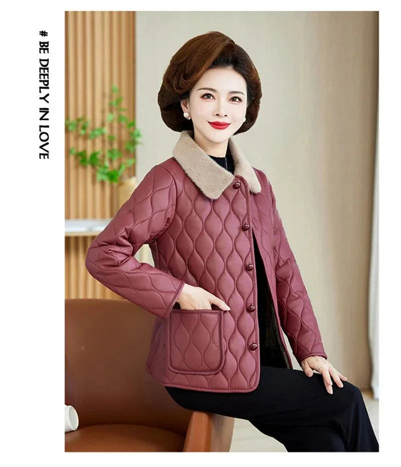 Wine Red Plush Winter Jacket for Women with Fur Collar