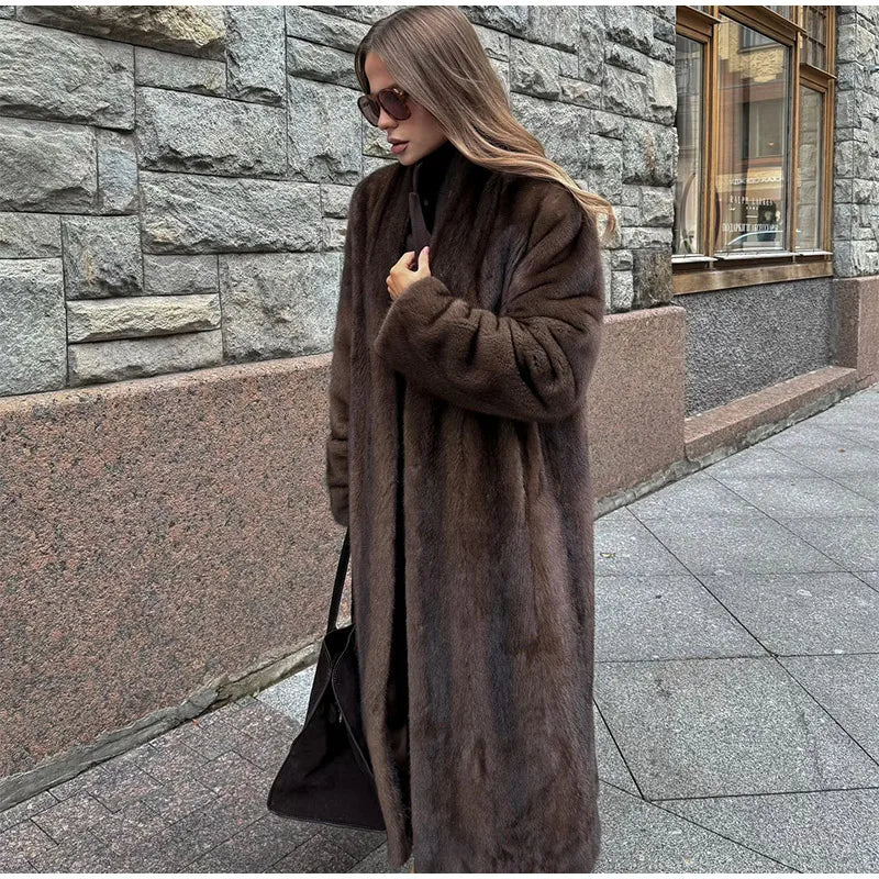 Dark Brown Faux Fur Long Overcoat for Women