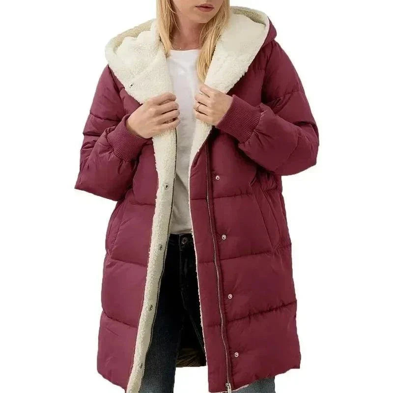 Women's cotton-padded double-sided velvet fleece parka with hood, slim-fit, long-sleeved, in burgundy for winter.