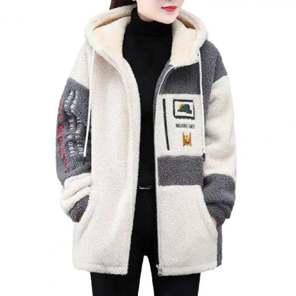 Colorblock Plush Hooded Coat for Women