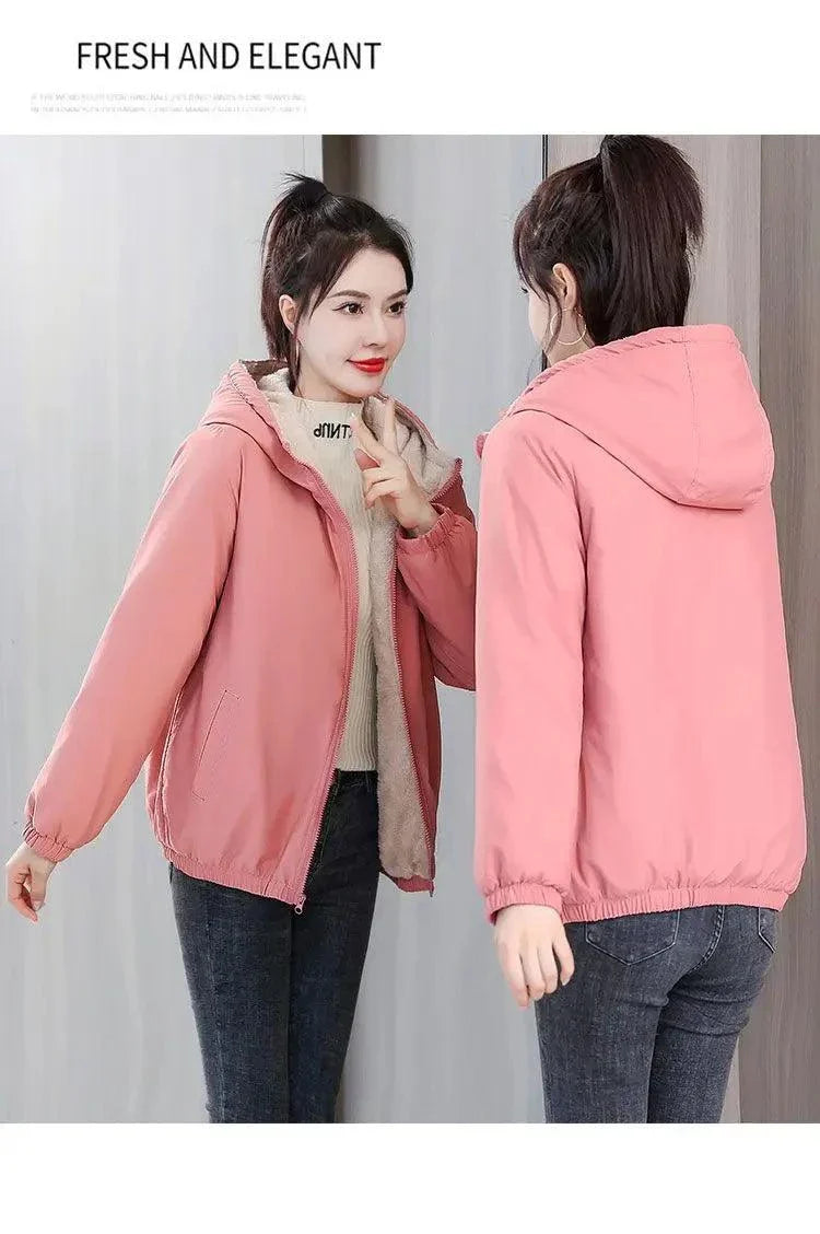 Women's winter fleece hooded jacket in pink with plush lining, showcasing front and back views.