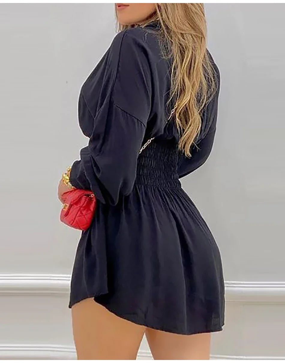 Chic Autumn Mini Dress with long sleeves and high waist in stylish print.