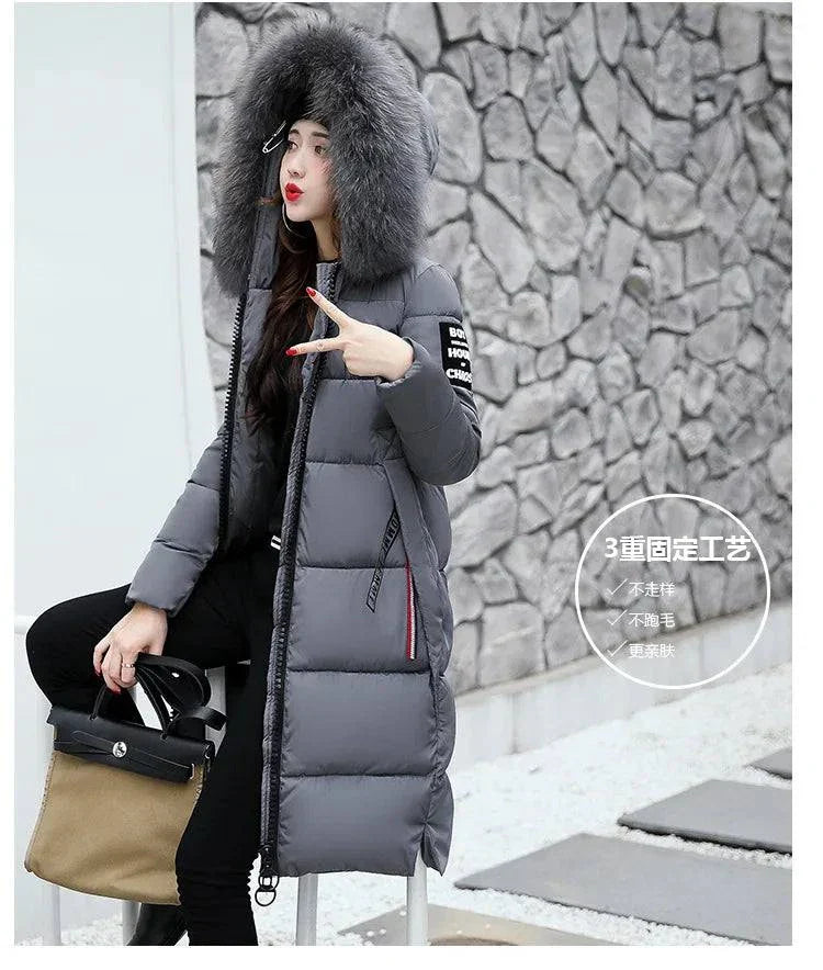 Winter Fashion Fur Collar Hoodie Parka for women, stylish down cotton bubble puffer coat with zipper, ideal for casual wear.