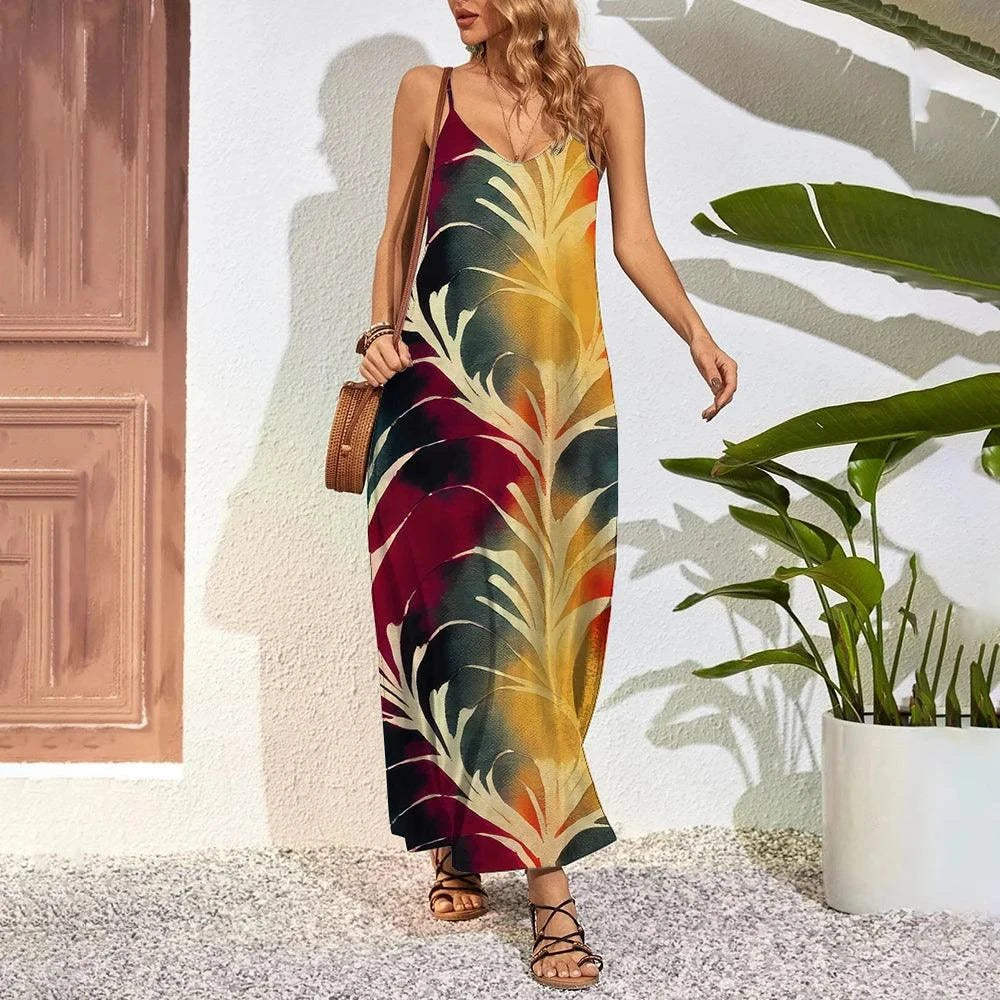 Chic Plus Size 3D Feather Print Maxi Dress