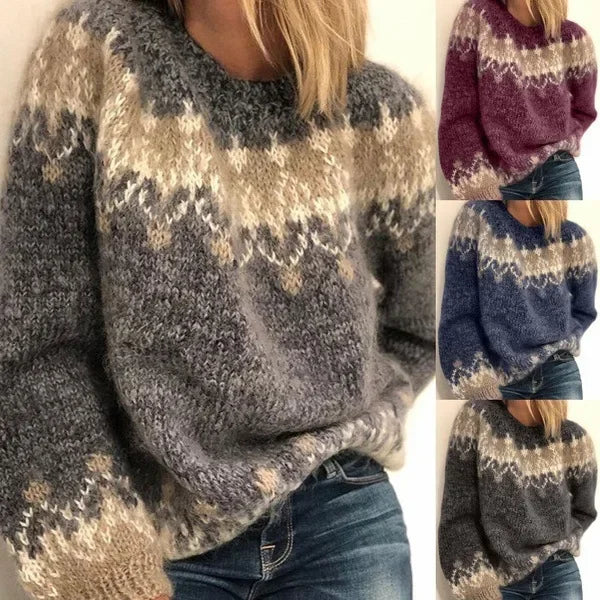 Casual Angora Knit Jacquard Sweater for Stylish Women