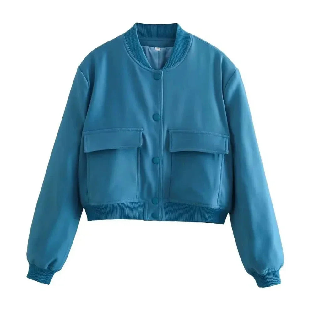 Women's vintage-inspired blue bomber jacket with front buttons and side pockets.