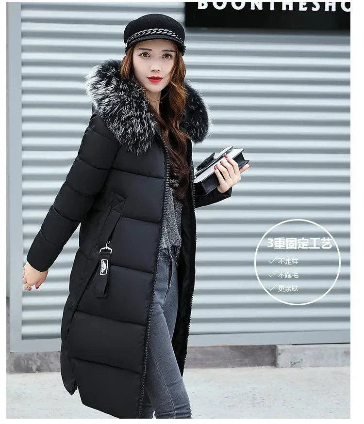 Winter Fashion Jacket Women Fur Collar Hoodie Parka with zipper and puffer design for casual outings.