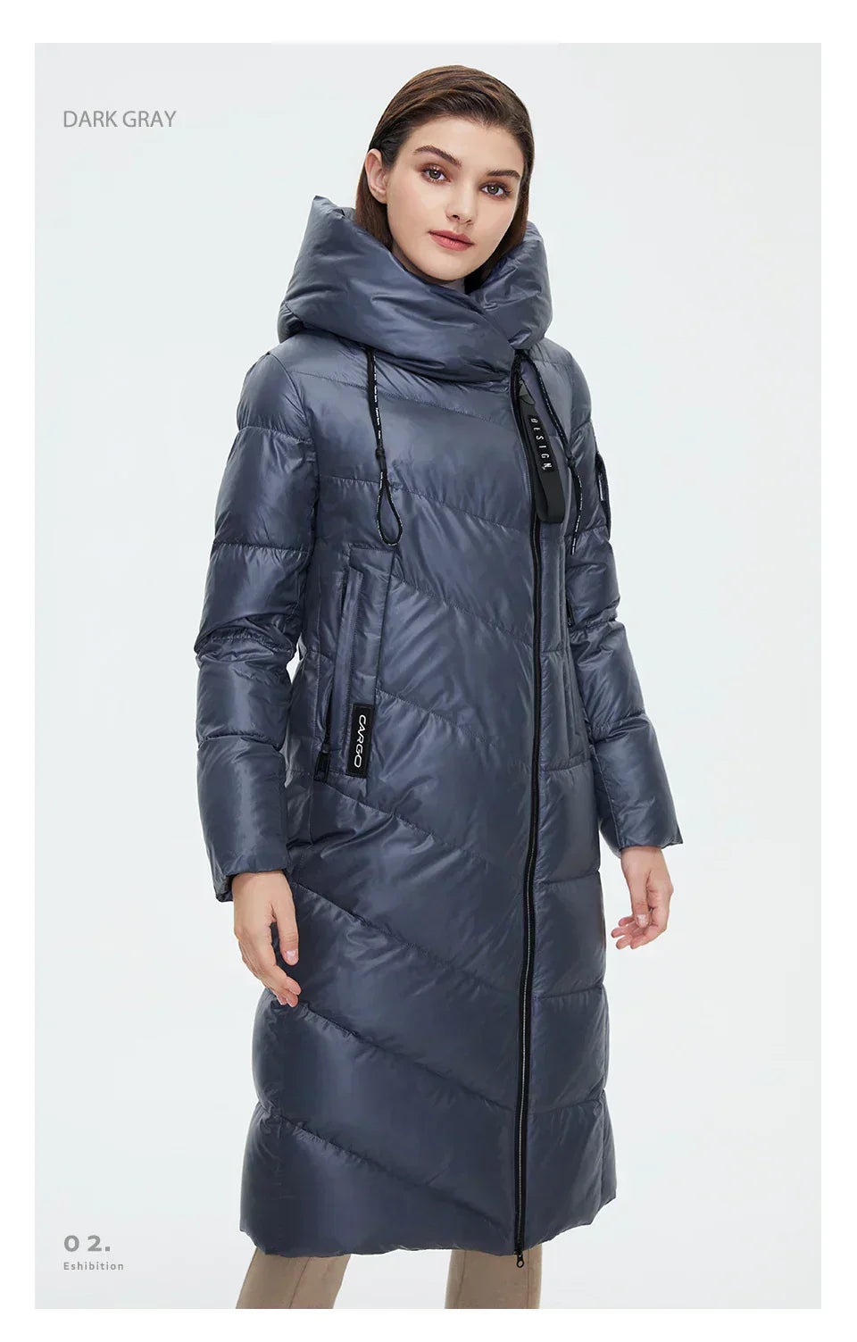 Women's winter jacket, dark gray, long, slim fit, windproof, hooded with zipper closure.