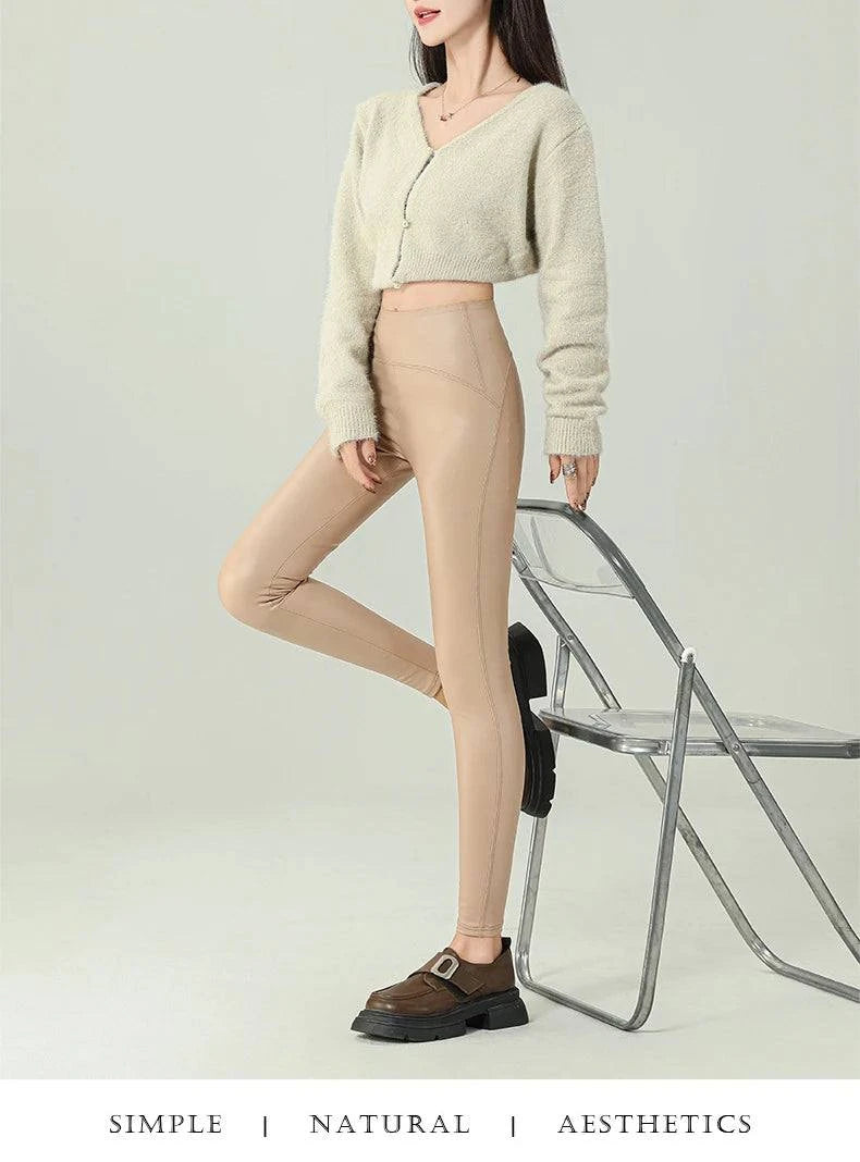 Fall Winter High-Grade Fleece PU Leather Leggings