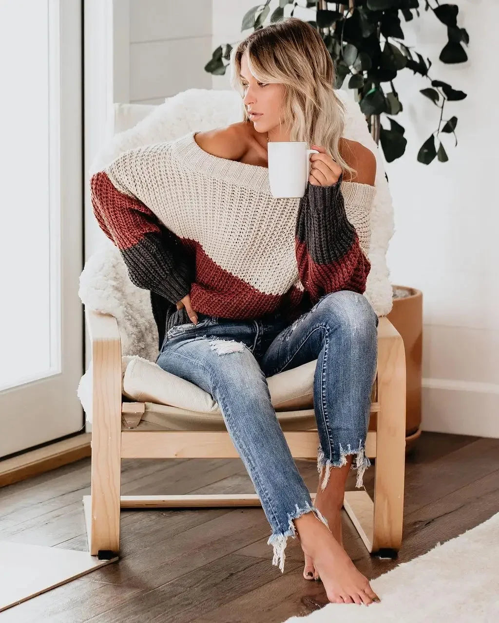 Off Shoulder Color Block Knit Sweater for Women