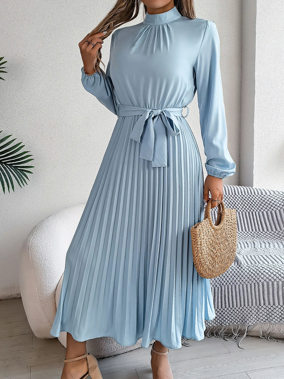 Elegant Stand-Up Collar Pleated Long Dress