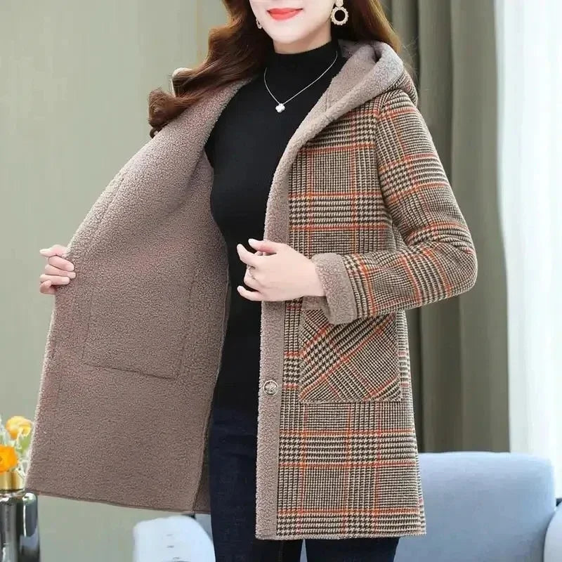 Add Velvet Plaid Coat for Women