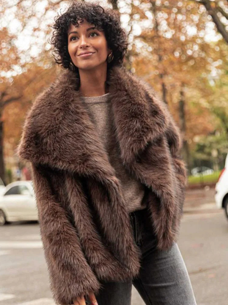 Dark Brown Faux Fur Long Overcoat for Women