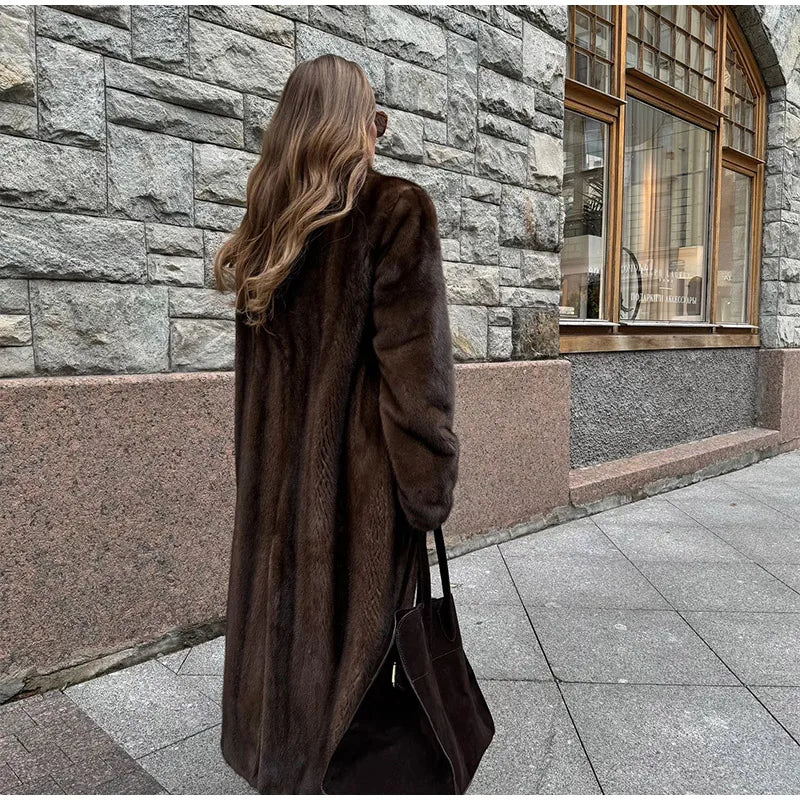 Dark Brown Faux Fur Long Overcoat for Women