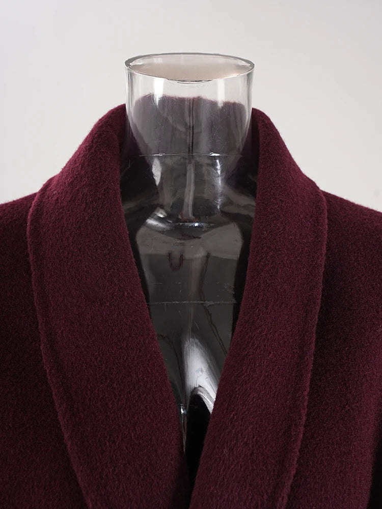 ZMEENNA Wine Red Fur Cuff Belted Woolen Coat for Women