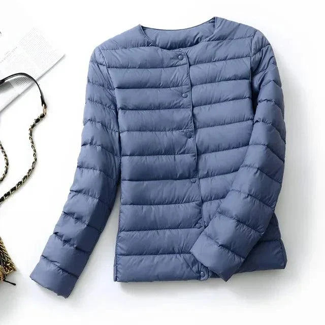 Ultralight warm women's puffer jacket, collarless design with O-neck, ideal for spring and winter layering.