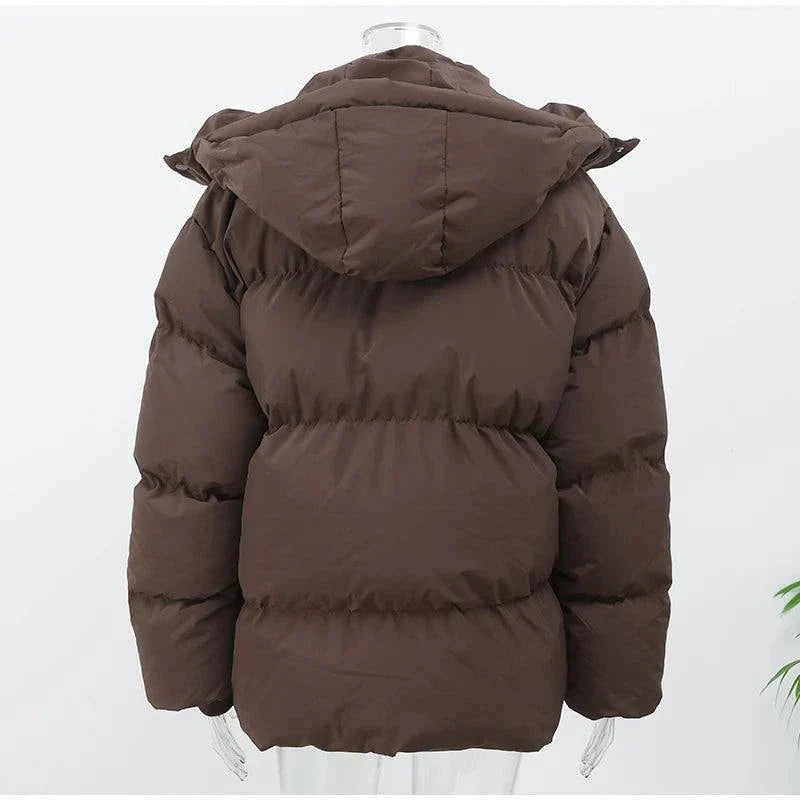 Vintage brown hooded cotton padded coat with long sleeves and zipper closure.