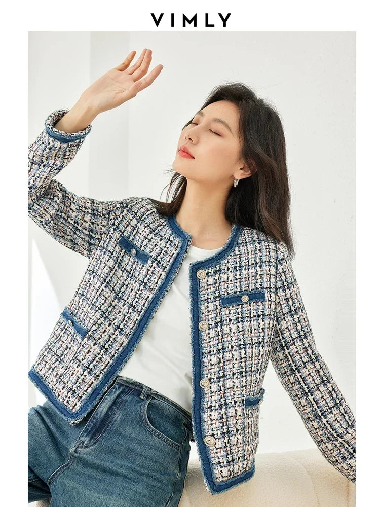 Vimly Plaid Tweed Cropped Jacket for Women