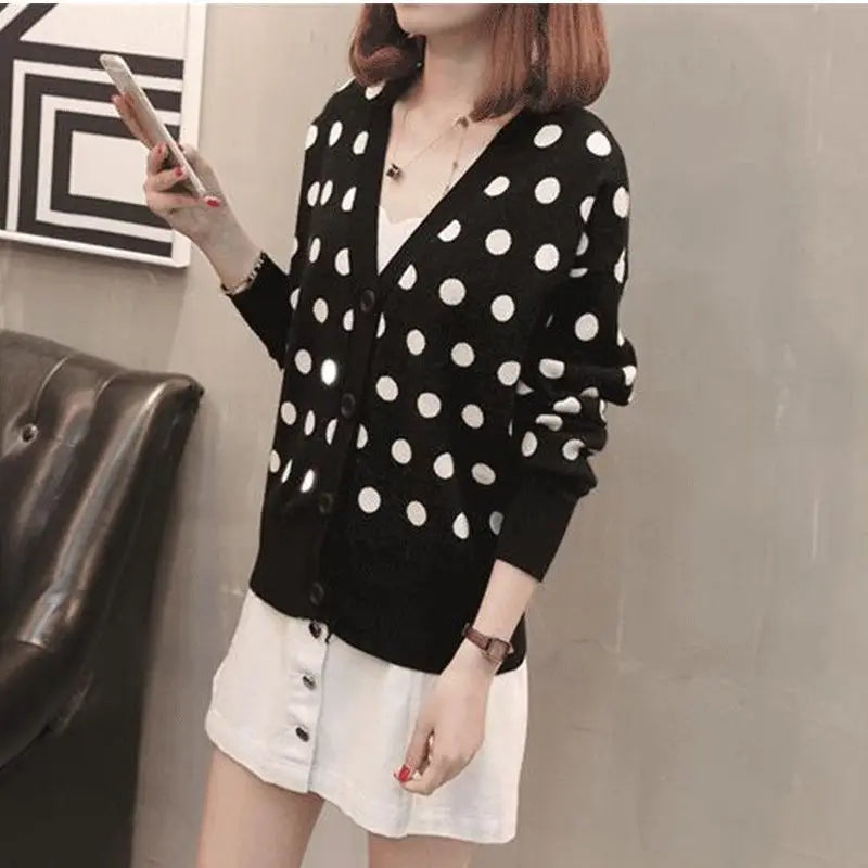 Women’s Autumn Winter Polka Dot V-neck Knitting Cardigan | Alfadarling