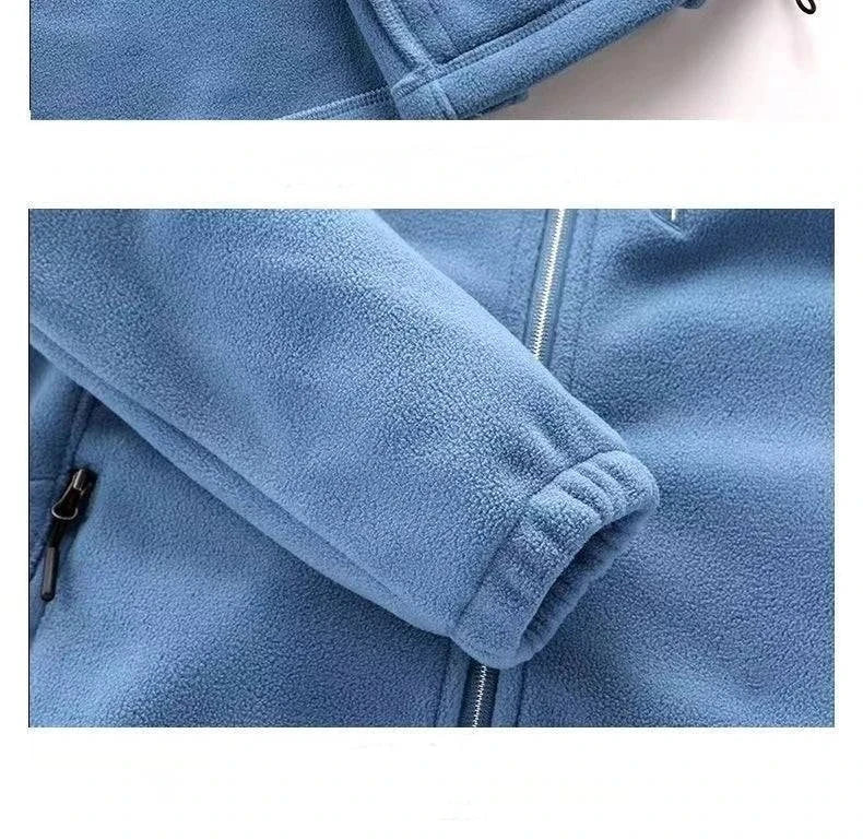 Plus size fleece coat for women in blue, warm and stylish for winter and spring outdoor activities.