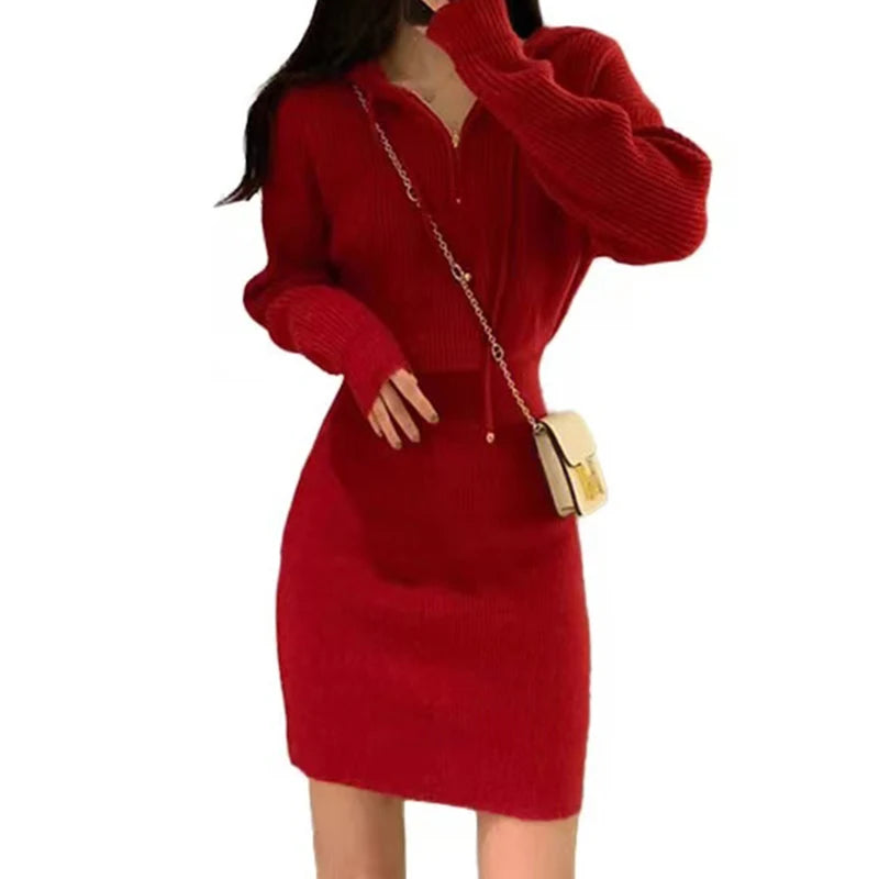 Autumn & Winter Red Hooded Knitted Dress