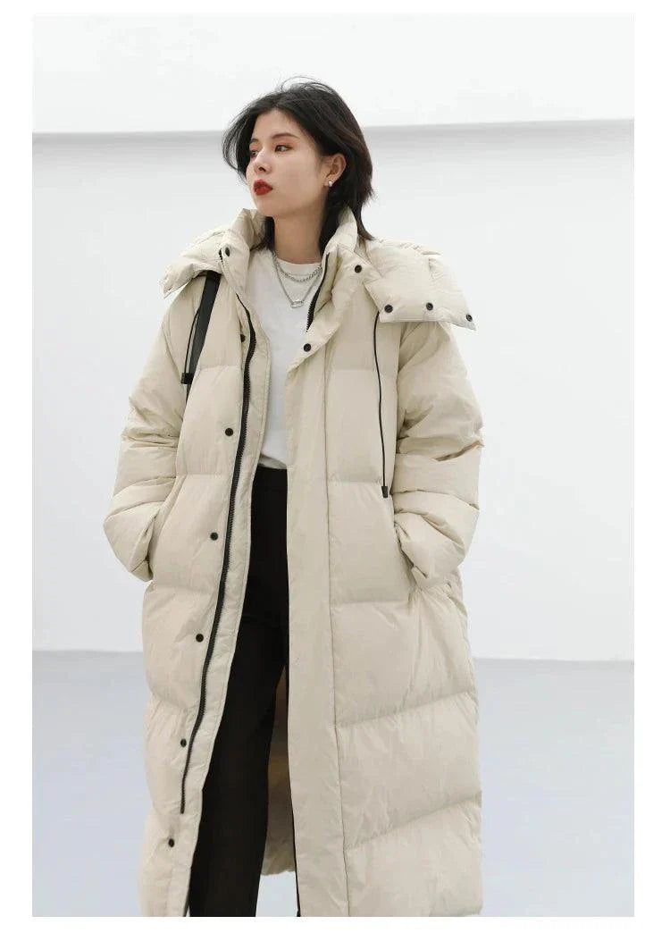 Women's down coat, Korean loose hooded long winter jacket, beige, thick and warm, full-length sleeves, detachable hood, solid pattern.