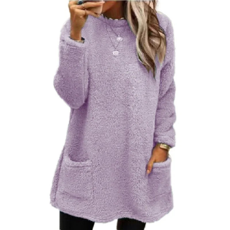 Autumn Winter O Neck Pullover Plush Hoodie for Women