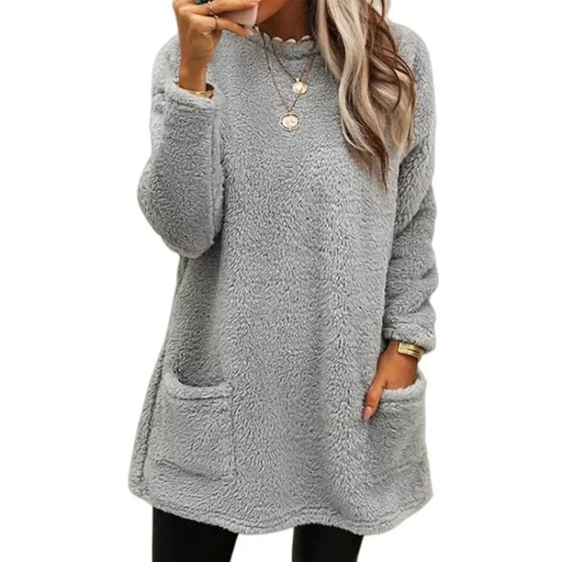 Autumn Winter O Neck Pullover Plush Hoodie for Women