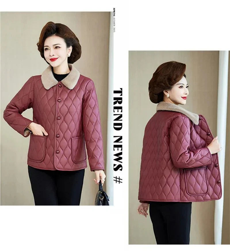 Wine Red Plush Winter Jacket for women with fur collar, velvet fabric, plus size fit.