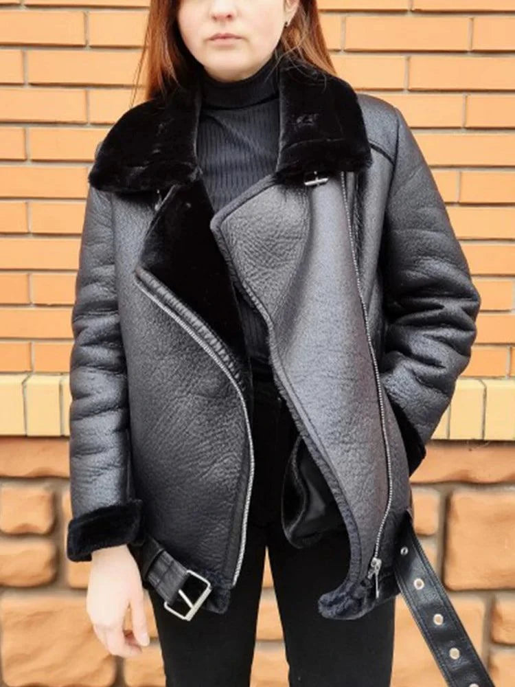 Ailegogo Winter Faux Leather Fur Jacket