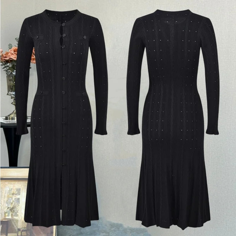 New Autumn Winter Women's V Neck Knitted Long Sleeve Dress